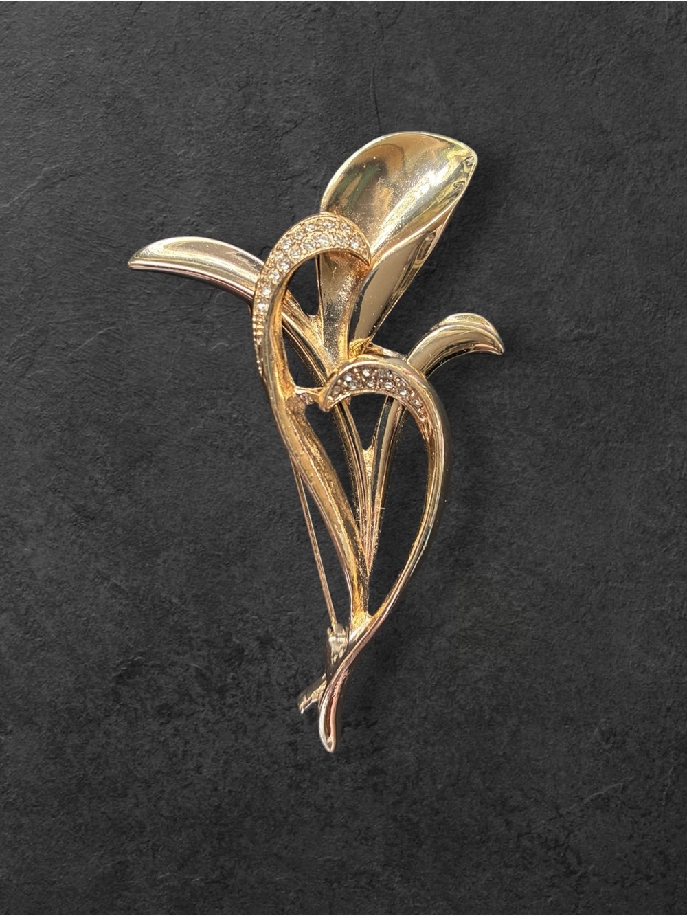 Vintage Jones New York Gold Tone Calla Lily Crystal Brooch